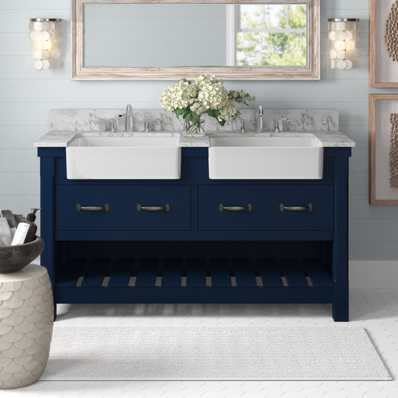 Arianys 60'' Double Bathroom Vanity with Premium Marble Top, Navy Blue