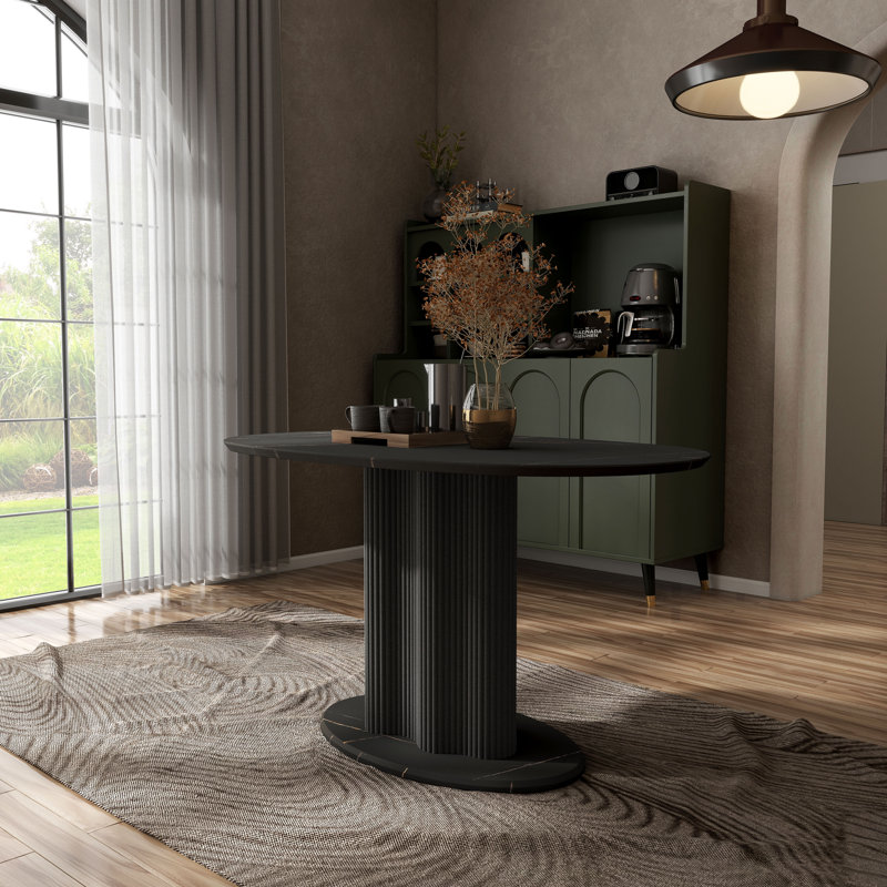 Table de salle à manger Ciani avec plateau en faux marbre et base cannelée, Marbre noir, Noir, noir, noir, noir