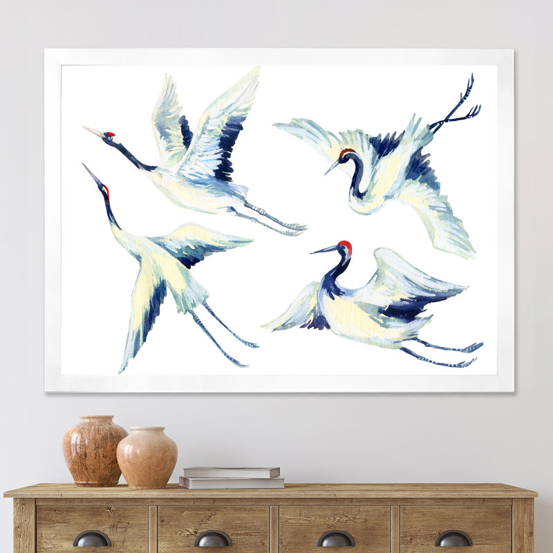 Asian Crane Bird Impression - Peinture sur toile encadrée, Cadre blanc, H 16 po x l 32 po x p 1 po