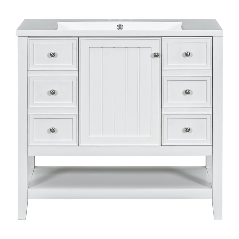 Ensemble de meuble-lavabo 36 po avec lavabo, une armoire et trois tiroirs, bois massif et panneau de fibres à densité moyenne