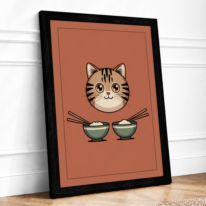 Cat With Bowls Modern - Print, A1 - 84.1 x 59.4 cm, Black