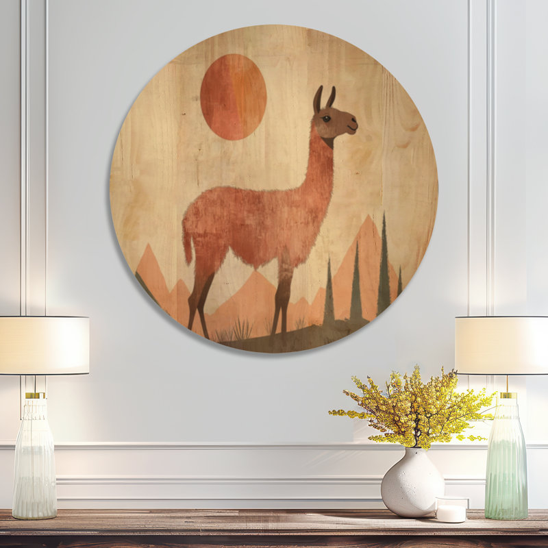 Colline des Andes ensoleillée - Affiche murale ronde en bois représentant un lama, Rond 23 po, Rond