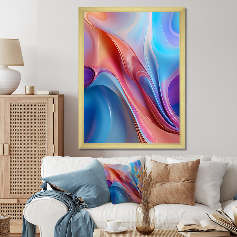 Art mural sur toile abstrait transitionnel bleu et rose III, Cadre doré simple, H 44 po x l 34 po x P 1,5 po