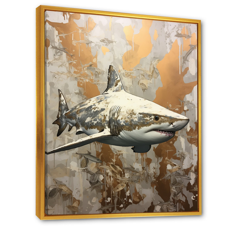 " Minimalism Shark Painting In Golden Beige II ", Gold Floater Framed, 44" H x 34" W x 1.5" D