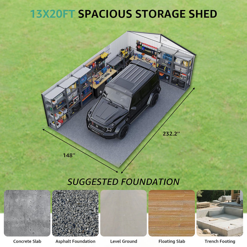 Upgraded 13x20FT Outdoor Storage Shed, Large Metal Garage Shed with Two Windows and Two Translucent Panels for Car, Truck, Bike, Lawnmower, Backyard Tool