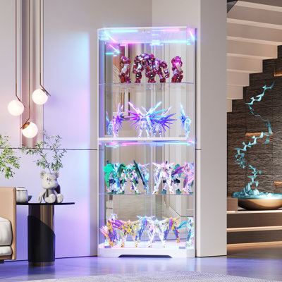 65'' H Glass Corner Display Cabinet With Colour Led Light Modes And Motion Sensor