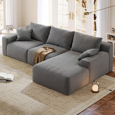 97" L  L-Shaped  Boneless Sofa with Chaise Lounge, Tool-Free Setup, Modular Sectional Couch with Ottoman & Pillow for Living Room, Bedroom, Upholstered Corduroy/Checkered Couch
