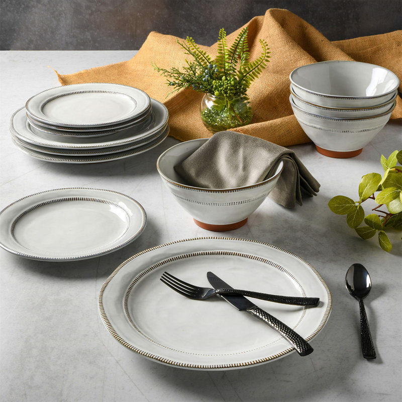 White Ceramic and Terracotta 12-Piece Dinnerware Set, Service for 4