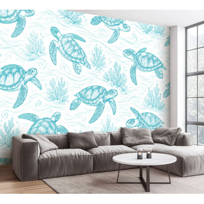 Wall Mural Peel and Stick Wallpaper Turtles sea creatures waves Art sea seamless for fabric print Self-Adhesive Removable Contact Paper Wall Decor for Living Room Bedroom 100"H x 144"W