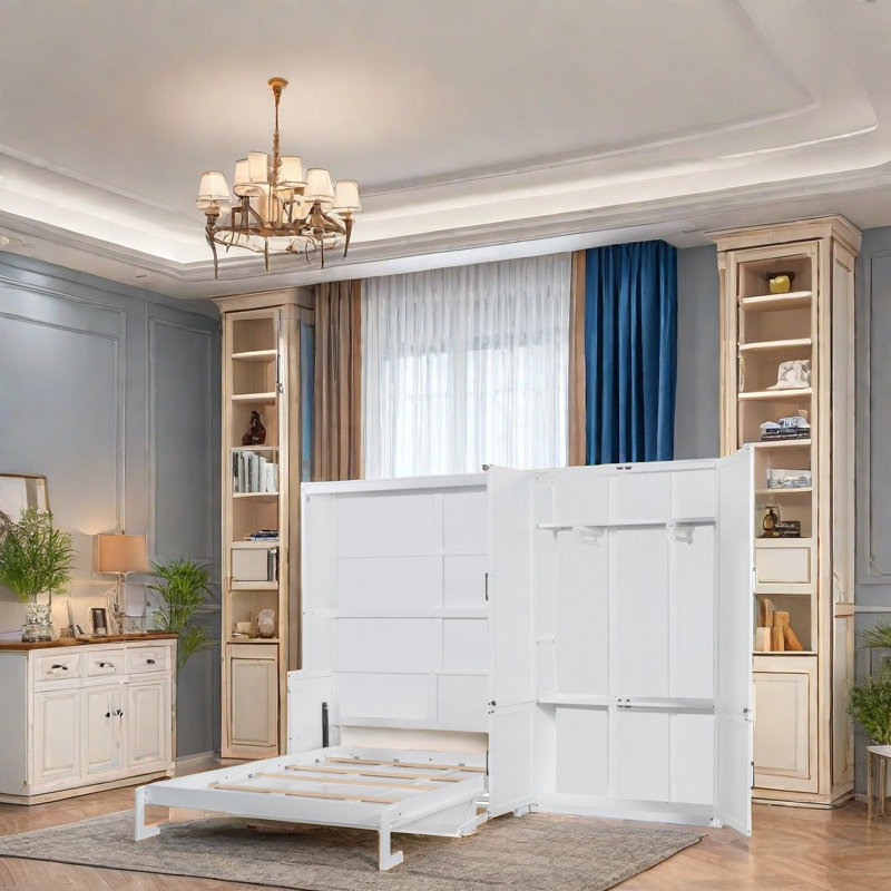 Lit escamotable avec rabat latéral, système de levage hydraulique, rangement pour garde-robe intégré, lit mural peu encombrant avec lattes flexibles, conception moderne pour chambre d'amis, bureau à domicile ou gymnase à domicile