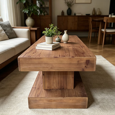 Table basse 47,24 "en bois de sapin massif avec plateau très épais et base double pilier - Table de centre rectangulaire naturelle rustique