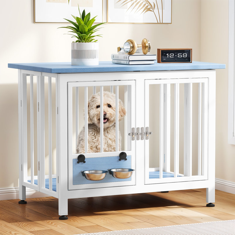  Caisse en métal pliable pour chien avec bols, Bleu, Moyen (H 24 po x l 33 po x P 20 po)