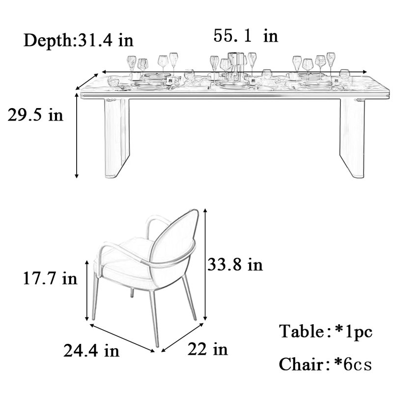 Table et chaise créative haut de gamme légère et luxueuse, H 29,5 po x L 55,1 po x l 31,4 po