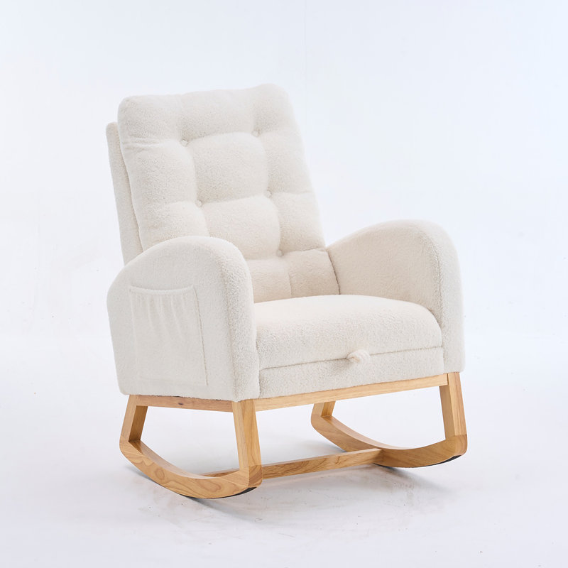Chaise berçante d'appoint moelleuse avec repose-pieds, chaise berçante à dossier haut blanc crème et chaise longue en bois d'hévéa, l 38,36 po x P 26,77 po x H 39,76 po