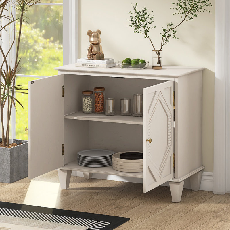 Buffet rétro l 33,6 po avec tablette réglable, pieds en bois massif, Blanc antique