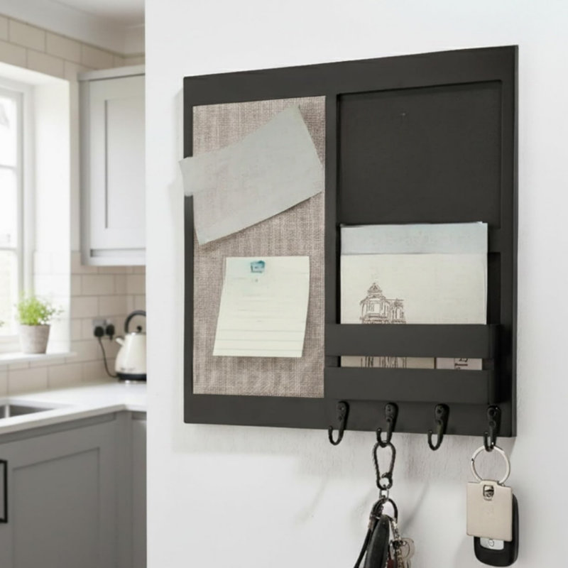 Black Wall Mounted Memo Board with Shelf Letter Holder 4 Key Hooks for Hallways Kitchens