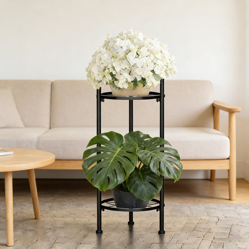 Support à plantes à 2 niveaux en métal pour l'intérieur et l'extérieur, Noir