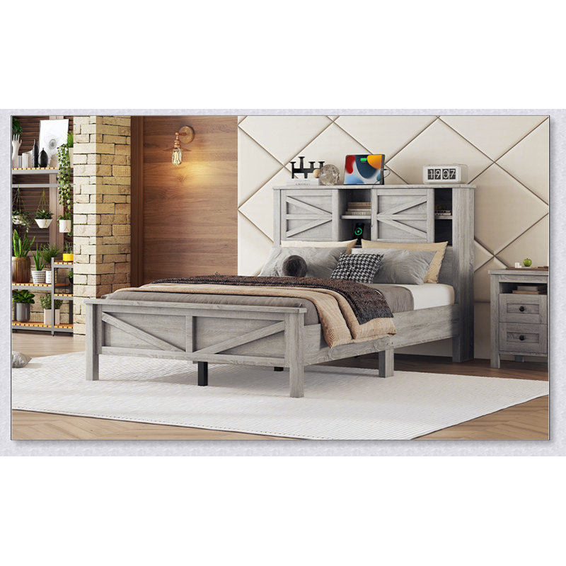 Lit plateforme avec porte de grange coulissante double, lit en bois avec station de charge, Double, Gris antique