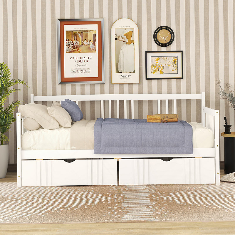 Lit de jour en bois avec deux tiroirs, Simple, Blanc
