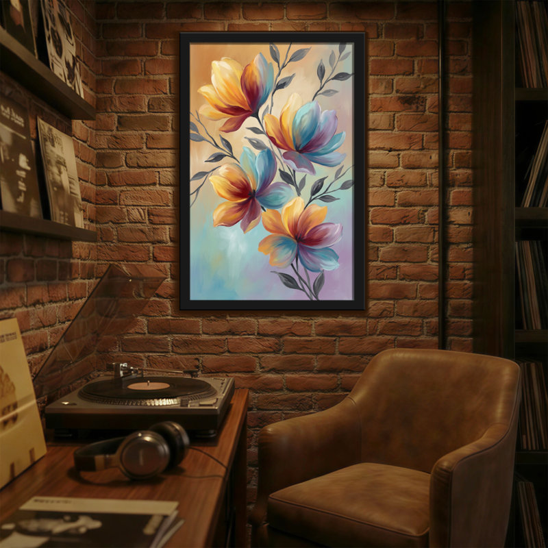 Plantes et fleurs, motif floral coloré sur fond dégradé, H 24 po x l 36 po