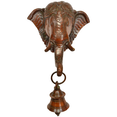 9" Handcrafted Brass Lord Ganesha Wall Hanging Mask with Bell - Hindu Obstacle Remover Entrance Decor, Traditional Spiritual Protection Wall Art