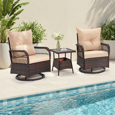 3 Pieces Patio Swivel Rocker Rattan Chairs, Outdoor Swivel Rocking Chairs With 1 Rattan Coffee Table, 360 Degree Swivel Patio Chairs For Lawn, Garden, by EROMMY