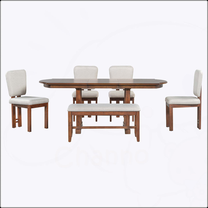 Ensemble de table de salle à manger extensible en bois massif avec banc et chaises rembourrées, parfait pour les réunions de famille et les repas élégants