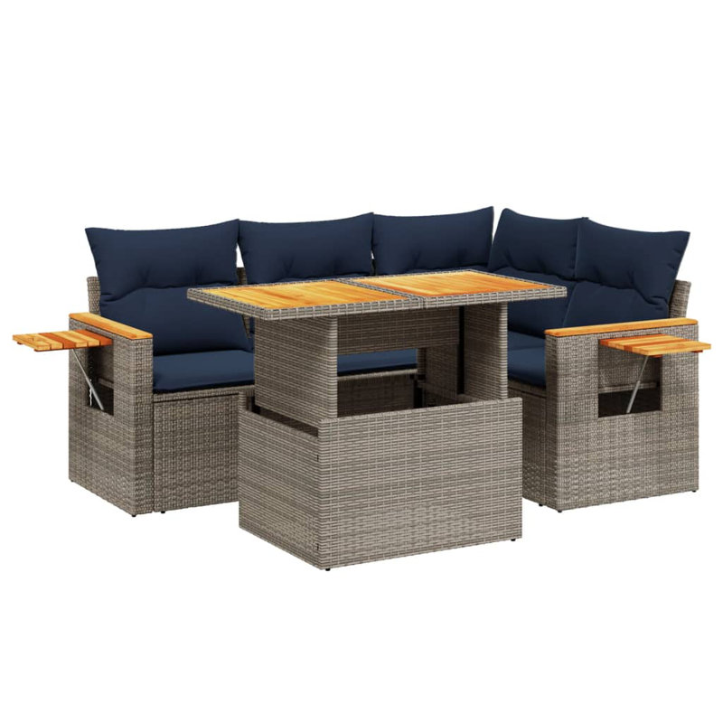  Ensemble de canapé de patio 5 pièces avec coussins en rotin de polyester, Gris, Bleu