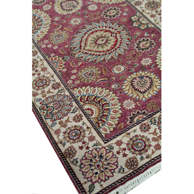 Tapis rose, rose et ivoire de haute qualité noué à la main