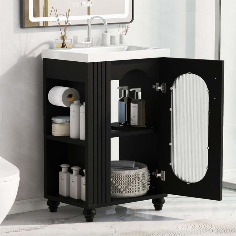 Meuble-lavabo moderne de 20 pouces avec lavabo, tablette réglable et rangement à deux niveaux, combinant style et fonctionnalité pour les petits espaces.