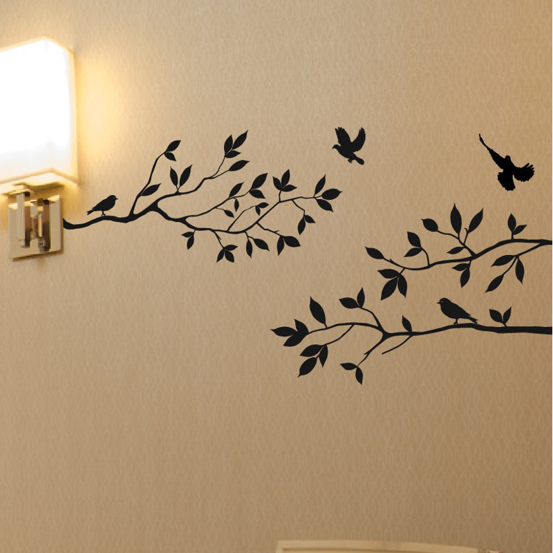 Adhésif mural branches d'arbre avec oiseaux, Noir mat