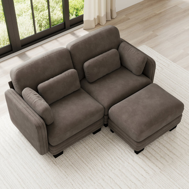 Causeuse en chenille capitonnée et modulaire, 2 pièces, causeuse avec repose-pieds mobile, brun, coussins en mousse à haute résilience