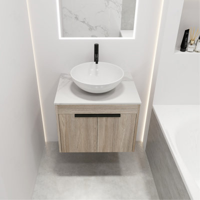 24" Modern White Oak Wall-Mounted Bathroom Vanity Set with Ceramic Basin and Soft-Close Door