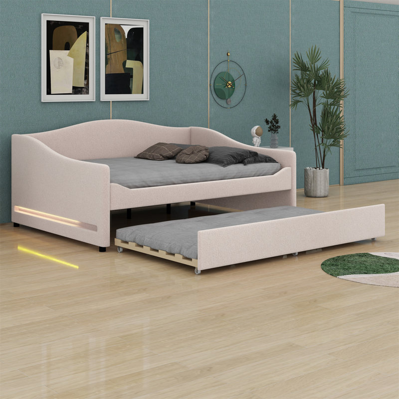 Upholstered Daybed With Light And Trundle, Beige
