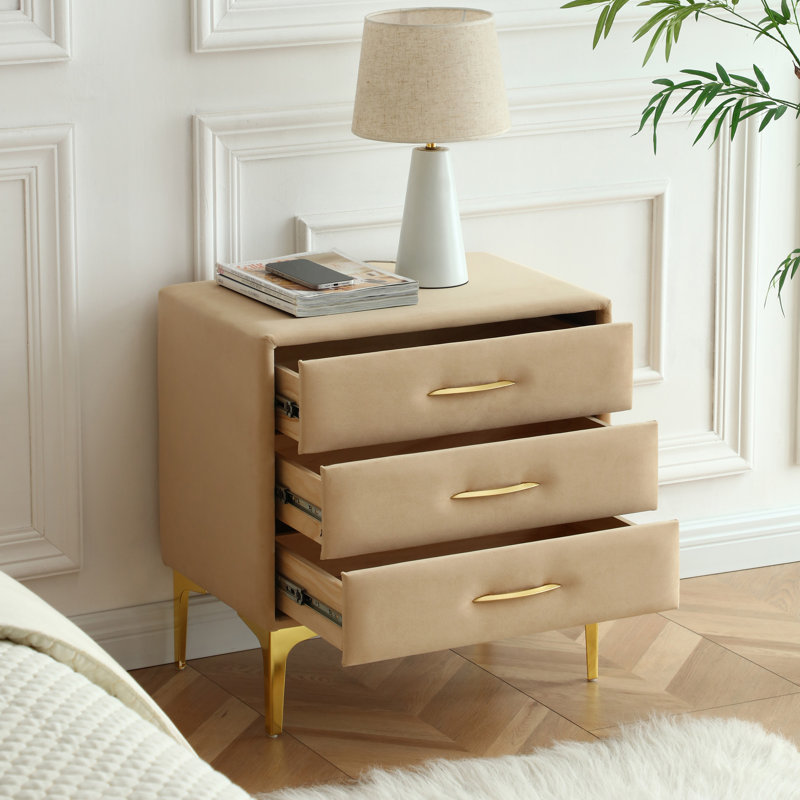 Elegant Velvet Upholstered Nightstand With Gold Legs, Camel Velvet