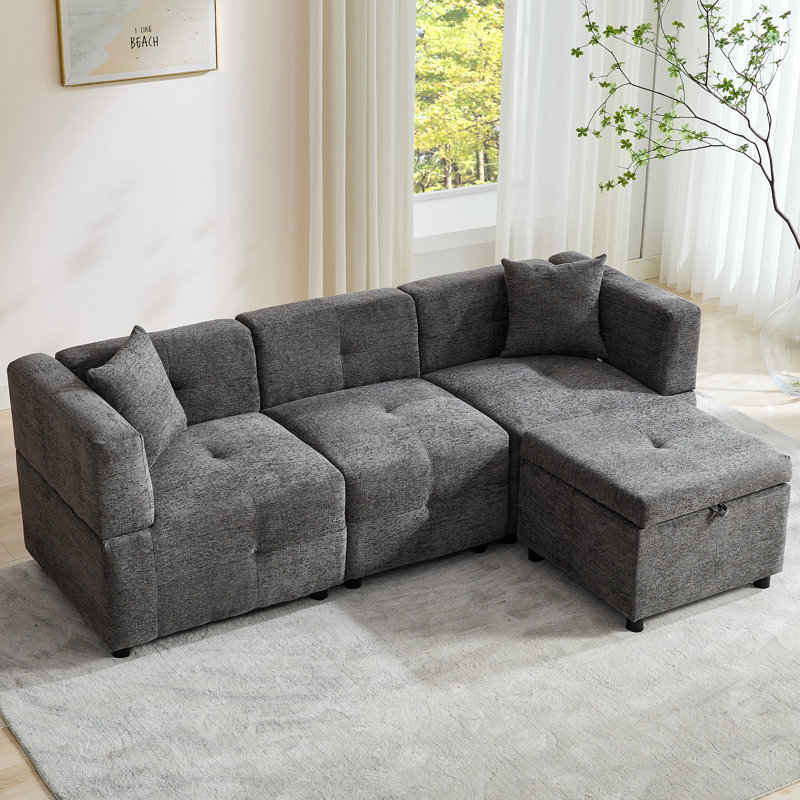 80" L-Shaped Sectional Sofa with Storage Ottoman and Pillows, Modular Couch for Apartment or Office, Grey