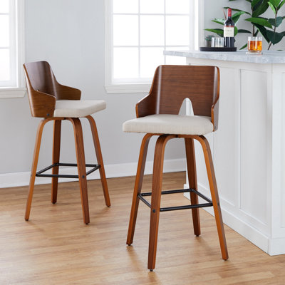 Tabouret de bar à hauteur fixe avec pivot en bois noir et tissu avec repose-pieds rond en métal noir - ensemble de 2