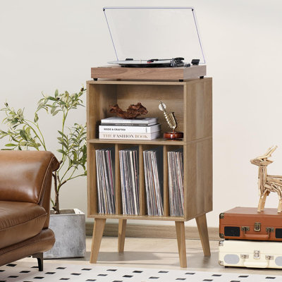 Record Player Stand with Vinyl Storage, Solid Wood Legs & Display Shelf