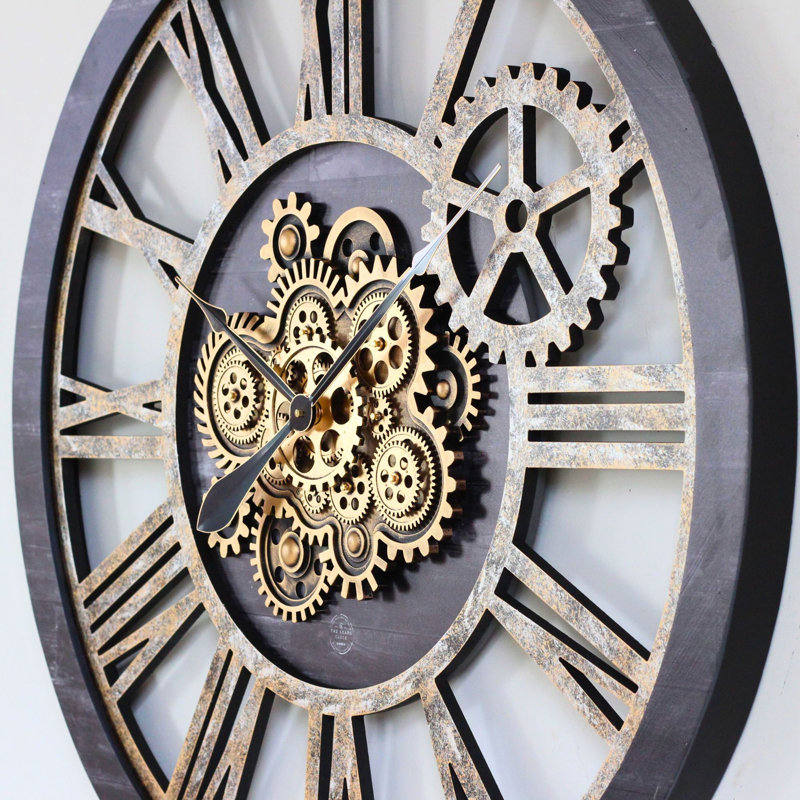 Wall Clock 36" Round Oversized for Living Room decor with Real Moving Gears America Collection, Vintage Black