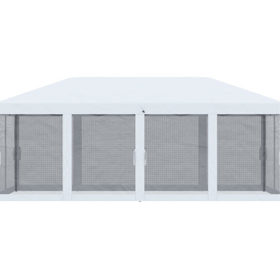 La tente à auvent escamotable 10 pi x 20 pi avec filet crée un charmant espace extérieur dans le jardin. Grand espace détente blanc crème