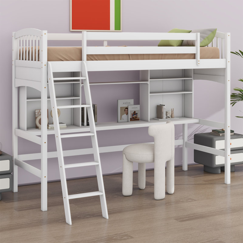 Lit mezzanine avec tablettes de rangement, bureau et échelle, Blanc
