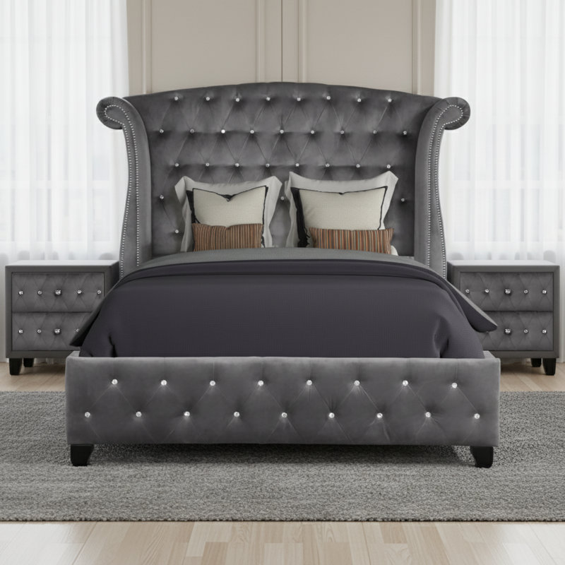Ensemble de chambre à coucher grand 3 pièces Mithil - gris, Trois articles : lit, deux tables de chevet, Gris, Grand