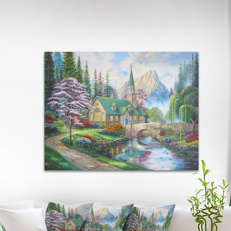 Église en forêt, H 16 po x l 32 po x p 1 po, Toile tendue