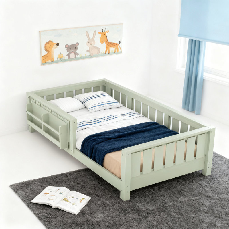 Bibliothèque en bois Wood Bed, Vert avocat, Lit simple