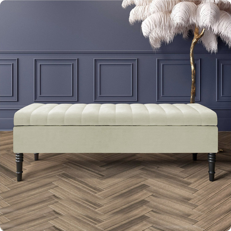 Safar Striped Ottoman Storage Bench – Upholstery Naples Shoe Bench with Black Turned Wooden Legs, 40cm H x 90cm W x 40cm D