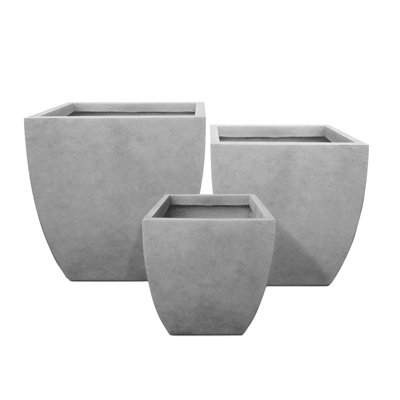 Wurster 3 Piece Square Natural Finish Lightweight Concrete and Weather Resistant Fiberglass Indoor Outdoor Planters with Drainage Holes, Large - 17.72x17.72 in., Medium - 14.96x14.96 in., Small - 10.63x10.63 in. Set
