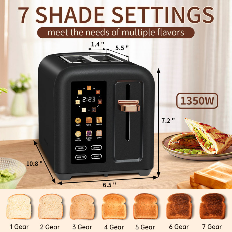 Toaster 2 Slice, Stainless Toaster Lcd Display&Touch Button, 50% Faster Heating Speed, 1.4'' Wide Slots Toaster, 4 Basic+More Timer Functions, Removable Crumb Tray, 1350W