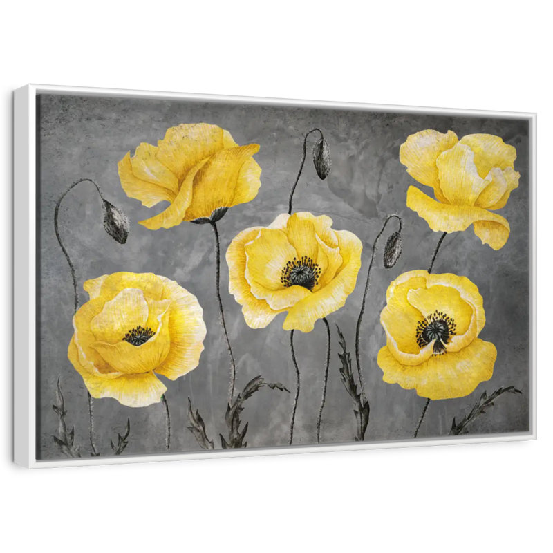 Coquelicots jaunes, Cadre flottant blanc, 40 po x 27 po