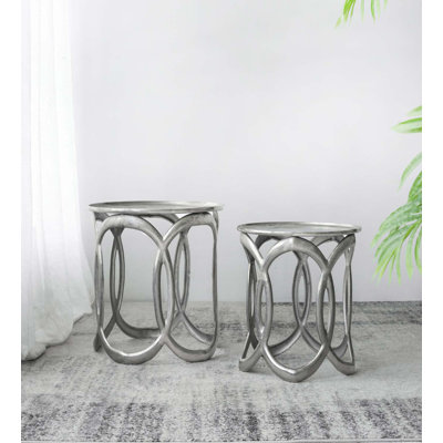 Set of 2 Nesting Side Tables, Aluminum Loop Frame, Nickel Finish, 19 & 17 Inch Rounds