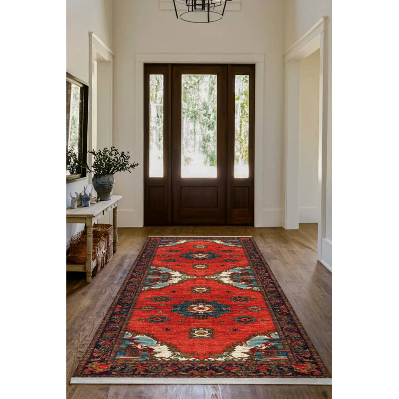 Mattis Red Blue Brown Moroccan Machine Printed Cotton Polyester Area Rug, Round 3'4"